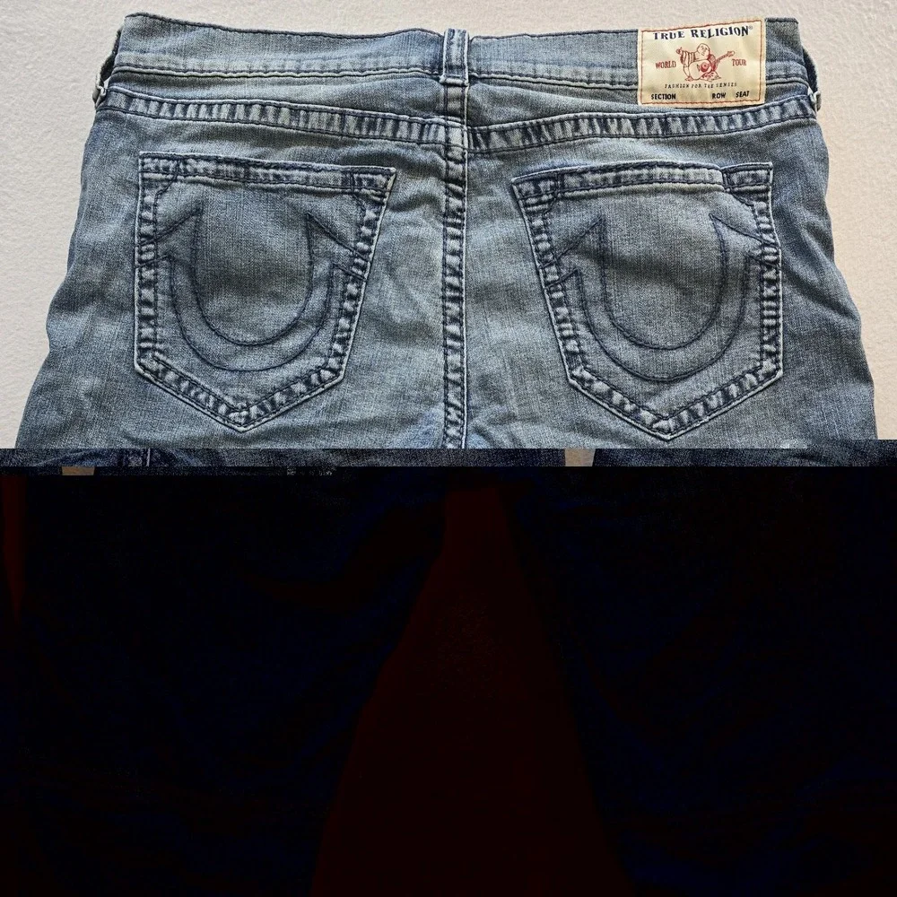True Religion Rocco Moto Biker Denim Shorts Mens 40 Blue Raw Hem Distressed Y2K